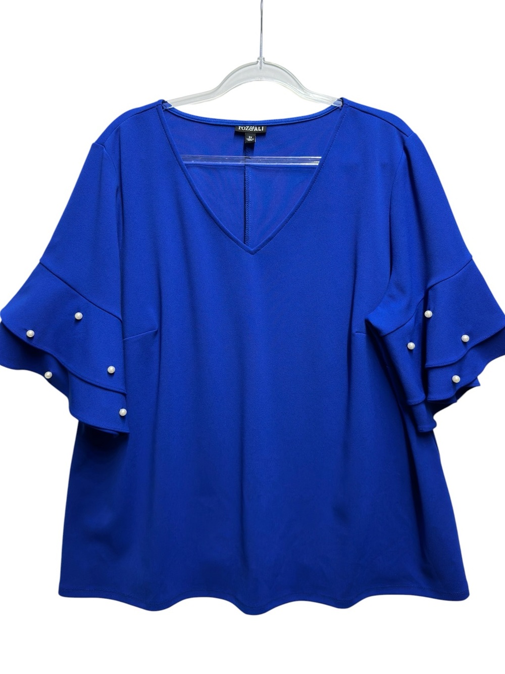 Tuxedo Ponte Scuba Knit Pearls Ruffle Flutter Sleeve Blouse Top